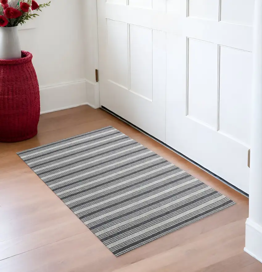 Gray Wool Striped Hand Woven Area Rug Photo 1