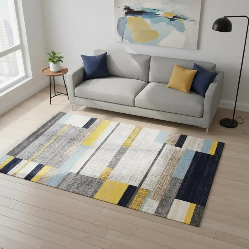 Gray Yellow And Black Geometric Area Rug Photo 3
