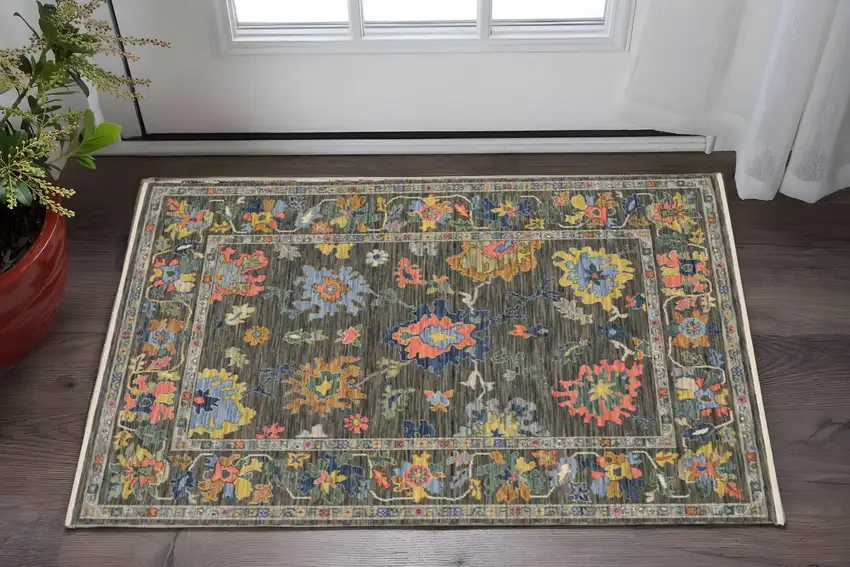 Gray Yellow And Blue Oriental Area Rug With Fringe Photo 1