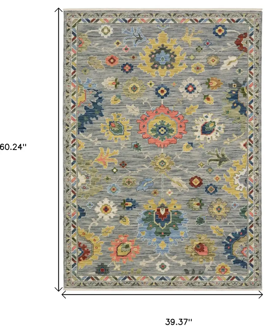 Gray Yellow And Blue Oriental Area Rug With Fringe Photo 3