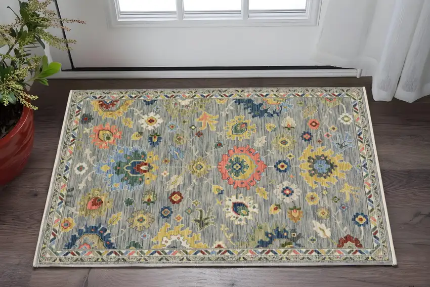 Gray Yellow And Blue Oriental Area Rug With Fringe Photo 1
