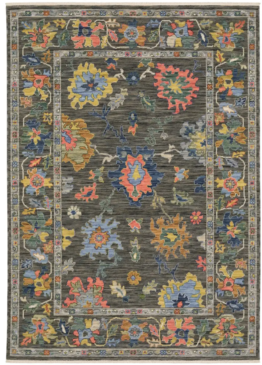 Gray Yellow And Blue Oriental Area Rug With Fringe Photo 2