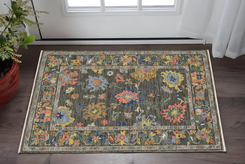 Gray Yellow And Blue Oriental Area Rug With Fringe Photo 1