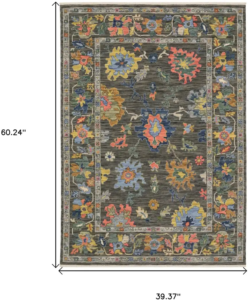 Gray Yellow And Blue Oriental Area Rug With Fringe Photo 3