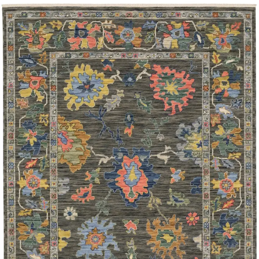 Gray Yellow And Blue Oriental Area Rug With Fringe Photo 5