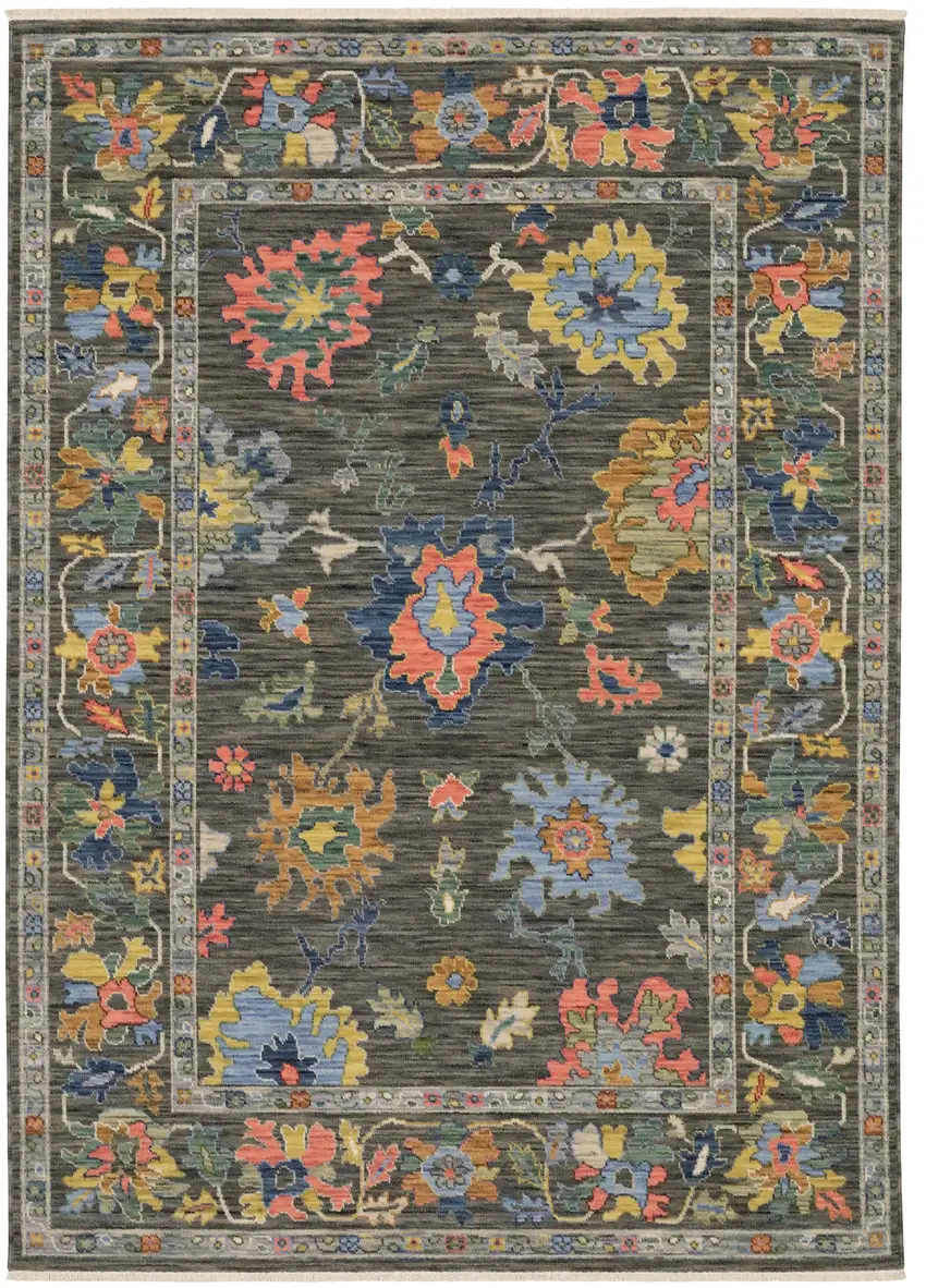 Gray Yellow And Blue Oriental Area Rug With Fringe Photo 6