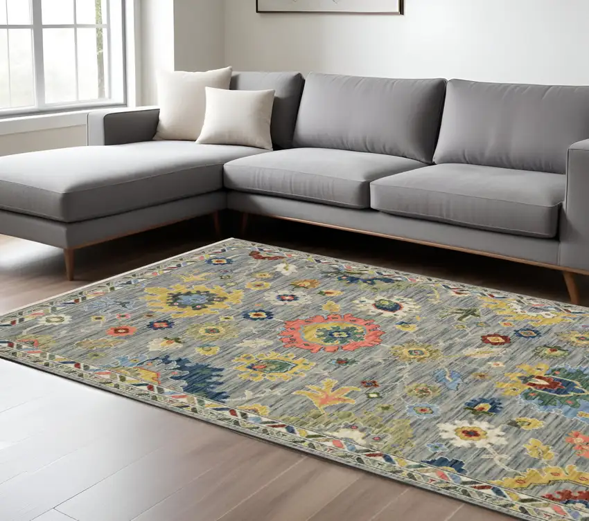 Gray Yellow And Blue Oriental Area Rug With Fringe Photo 1