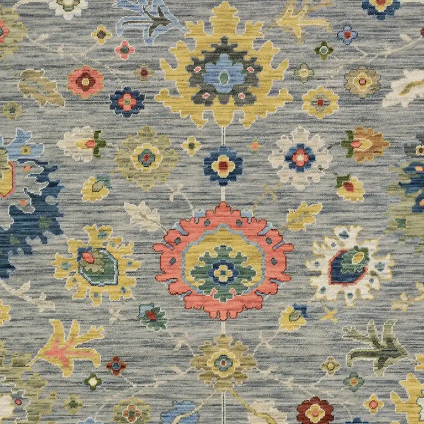 Gray Yellow And Blue Oriental Area Rug With Fringe Photo 9