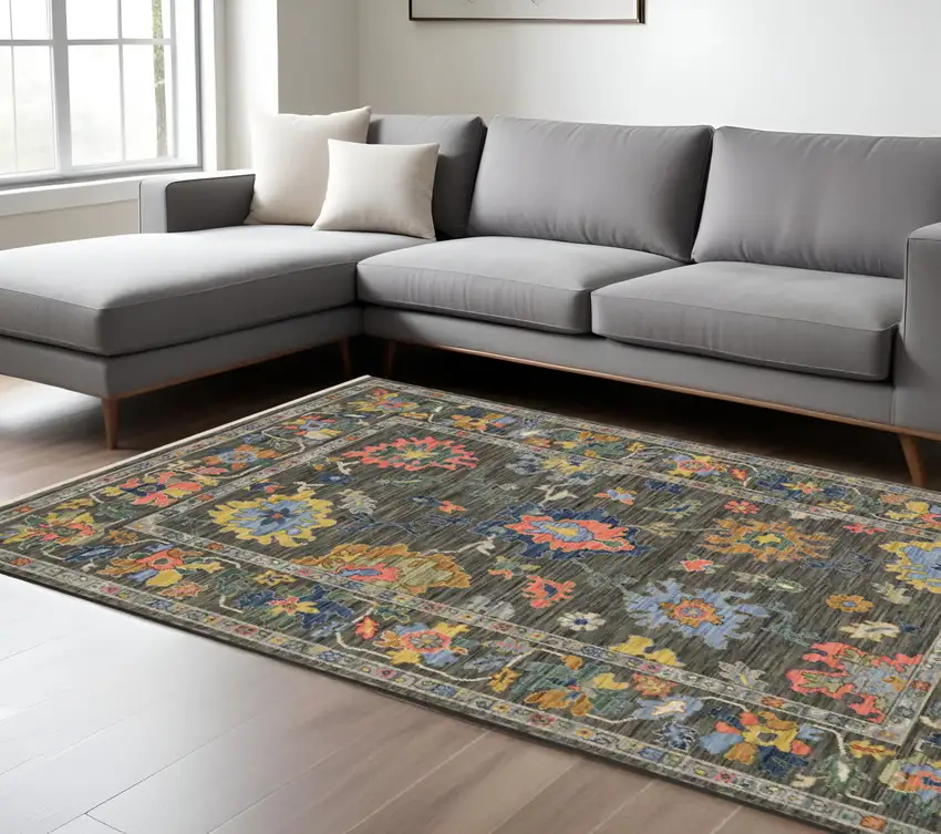Gray Yellow And Blue Oriental Area Rug With Fringe Photo 1