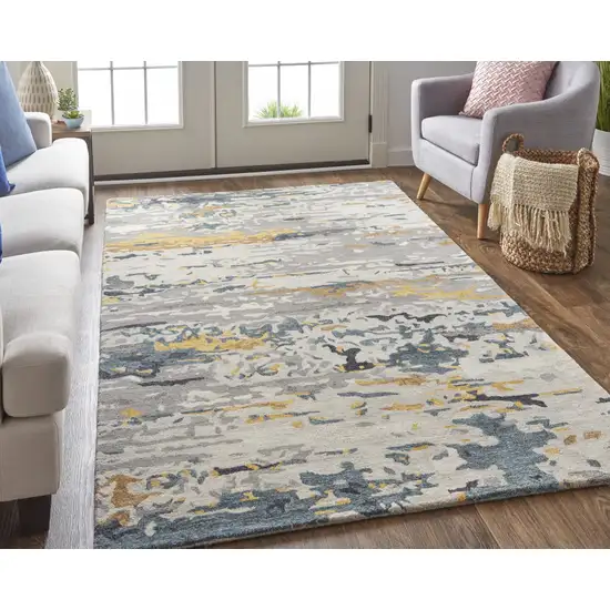 Gray Yellow And Blue Wool Abstract Tufted Handmade Stain Resistant Area Rug Photo 6