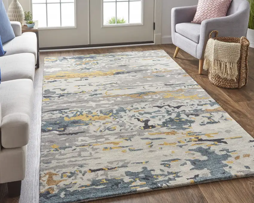 Gray Yellow And Blue Wool Abstract Tufted Handmade Stain Resistant Area Rug Photo 6