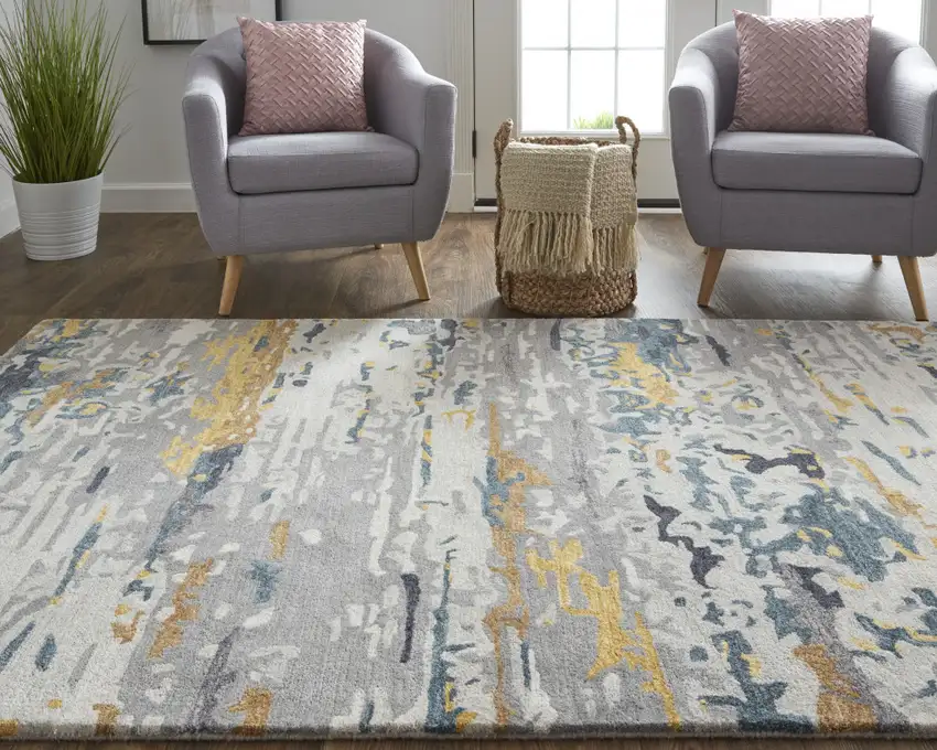 Gray Yellow And Blue Wool Abstract Tufted Handmade Stain Resistant Area Rug Photo 8