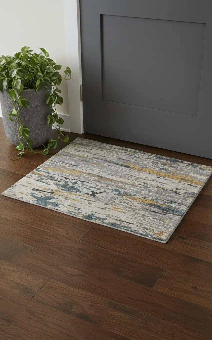 Gray Yellow And Blue Wool Abstract Tufted Handmade Stain Resistant Area Rug Photo 1