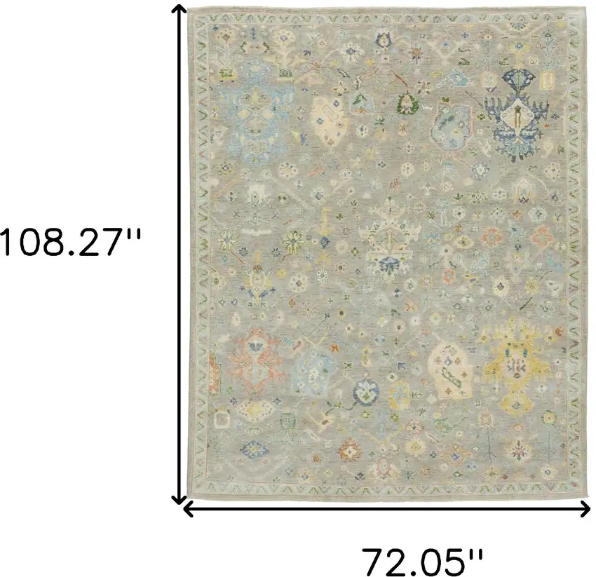 Gray Yellow And Green Wool Oriental Hand Knotted Area Rug With Fringe Photo 3