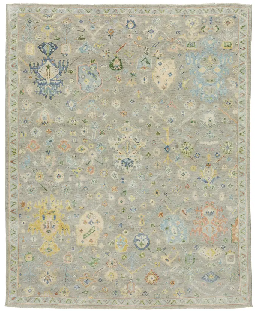 Gray Yellow And Green Wool Oriental Hand Knotted Area Rug With Fringe Photo 4