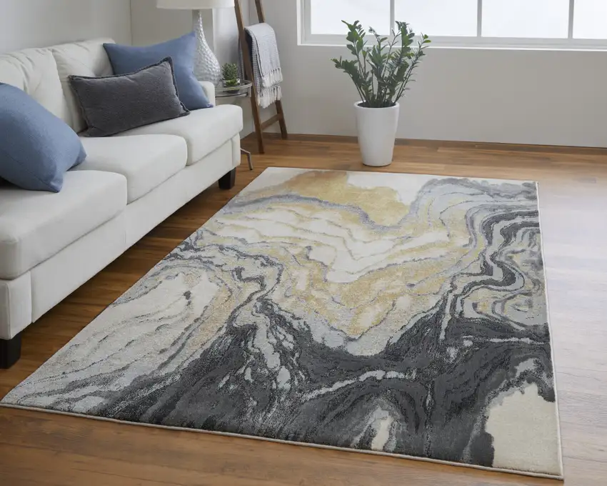 Gray Yellow And Ivory Area Rug Photo 7