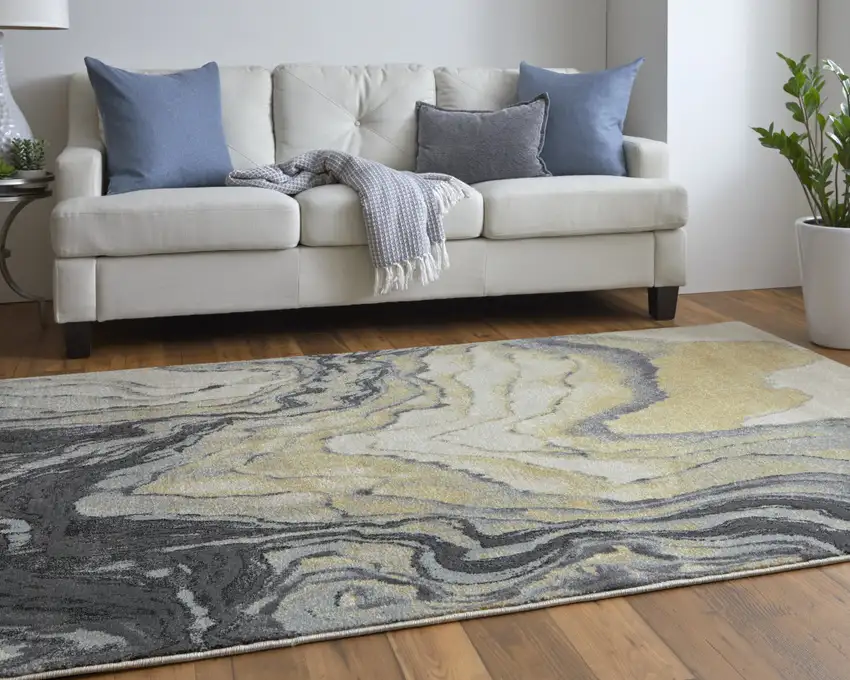Gray Yellow And Ivory Area Rug Photo 8