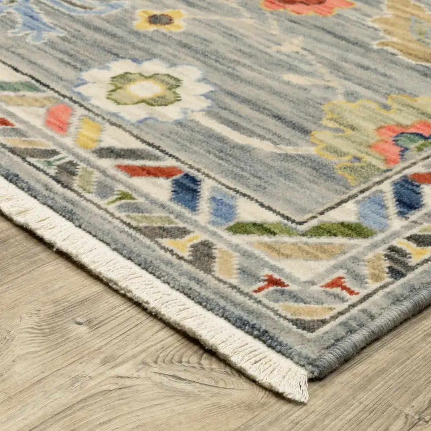 Gray Yellow And Salmon Oriental Area Rug With Fringe Photo 9