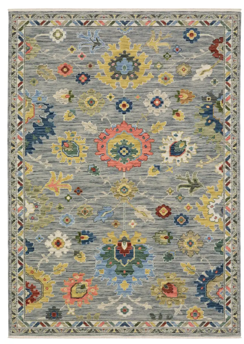Gray Yellow And Salmon Oriental Area Rug With Fringe Photo 2