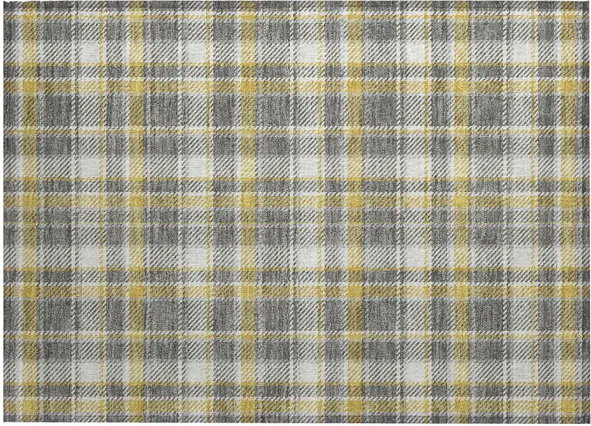 Gray Yellow and White Plaid Washable Non Skid Indoor Outdoor Area Rug Photo 2