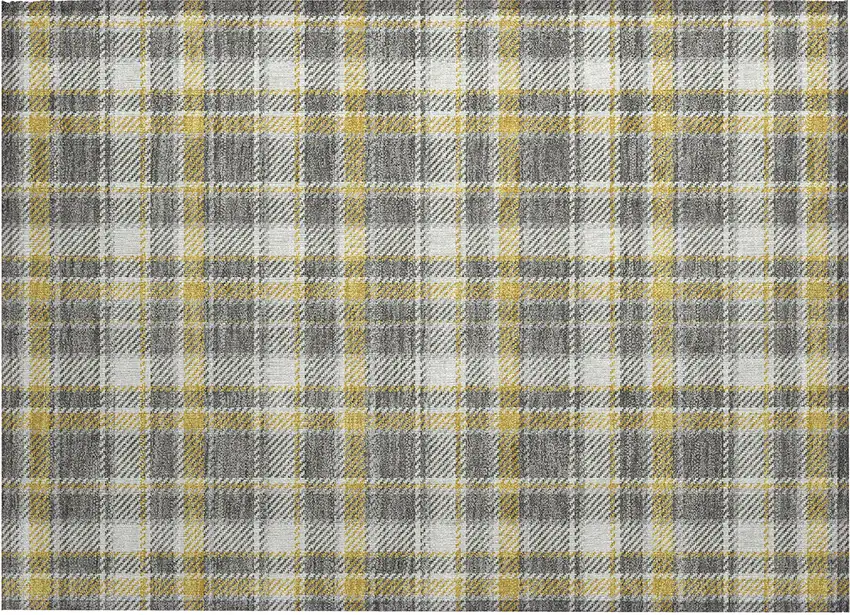 Gray Yellow and White Plaid Washable Non Skid Indoor Outdoor Area Rug Photo 2