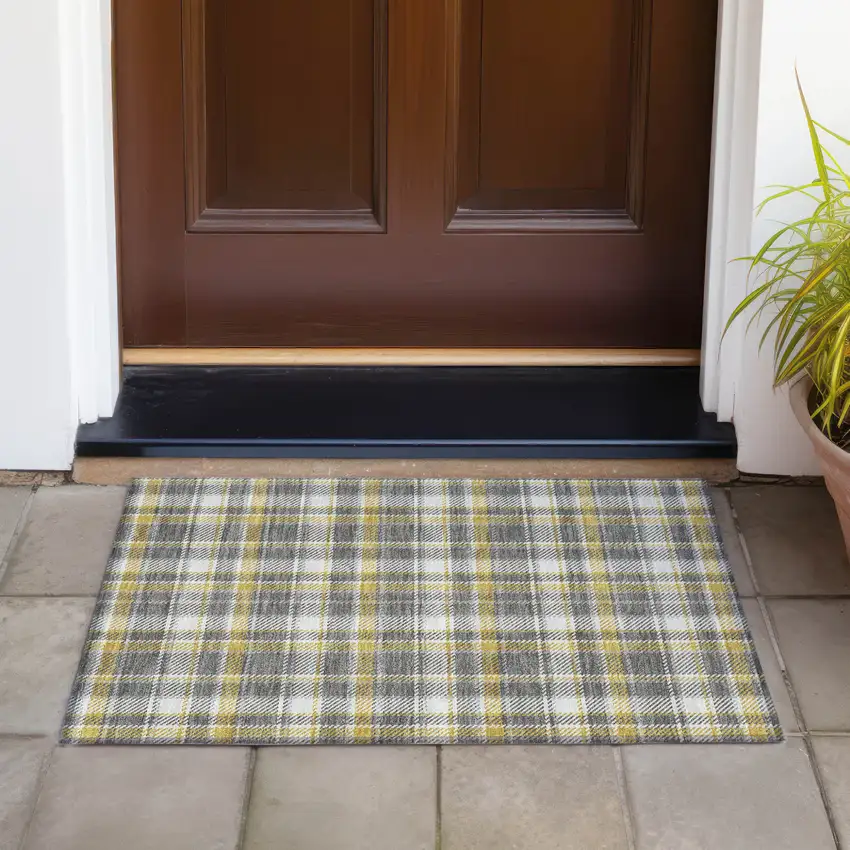 Gray Yellow and White Plaid Washable Non Skid Indoor Outdoor Area Rug Photo 9