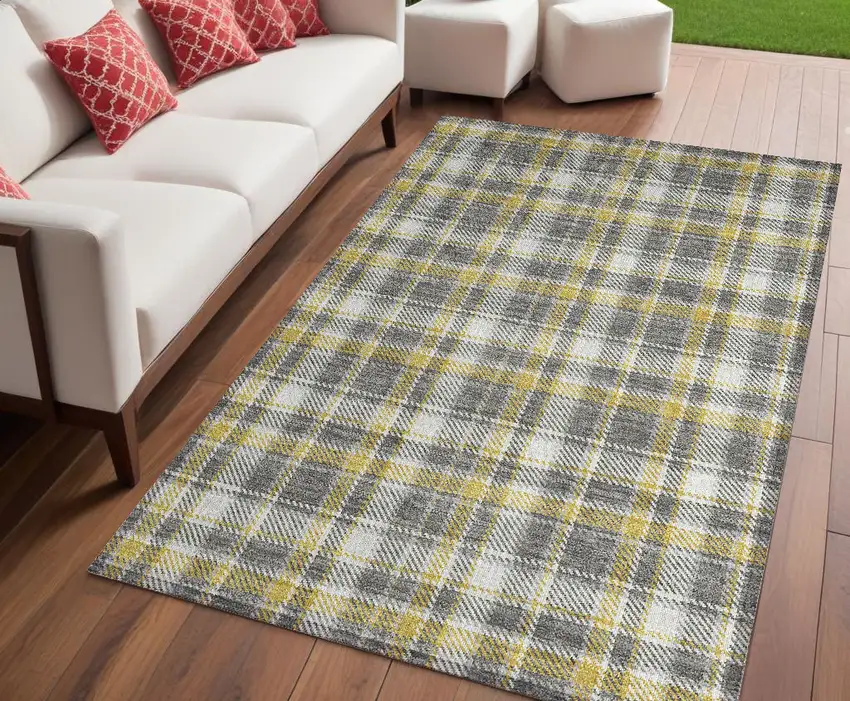 Gray Yellow and White Plaid Washable Non Skid Indoor Outdoor Area Rug Photo 1