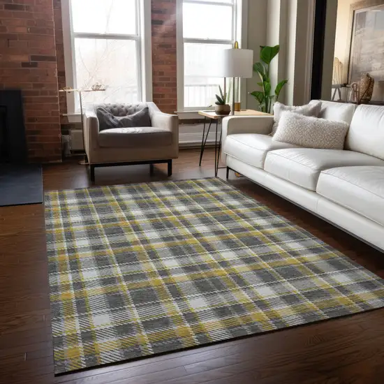 Gray Yellow and White Plaid Washable Non Skid Indoor Outdoor Area Rug Photo 9