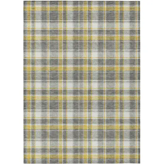 Gray Yellow and White Plaid Washable Non Skid Indoor Outdoor Area Rug Photo 2