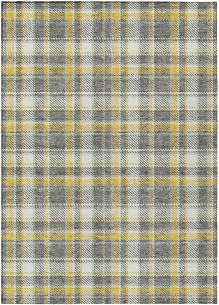 Gray Yellow and White Plaid Washable Non Skid Indoor Outdoor Area Rug Photo 2