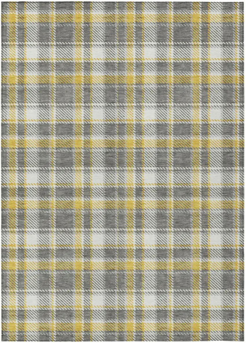 Gray Yellow and White Plaid Washable Non Skid Indoor Outdoor Area Rug Photo 2