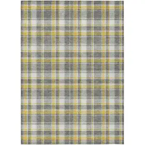 Photo of Gray Yellow and White Plaid Washable Non Skid Indoor Outdoor Area Rug