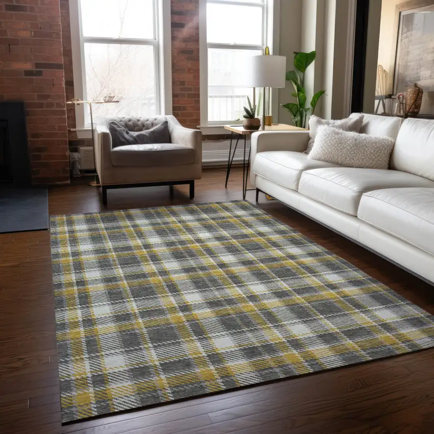 Gray Yellow And White Plaid Washable Indoor Outdoor Area Rug Photo 9