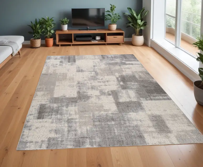 Gray and Beige Abstract Distressed Area Rug Photo 1