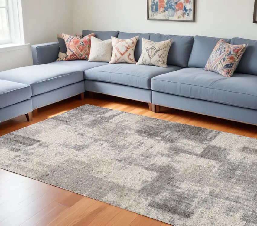 Gray and Beige Abstract Distressed Area Rug Photo 1