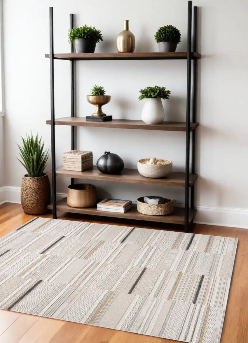 Gray and Beige Abstract Distressed Area Rug Photo 5
