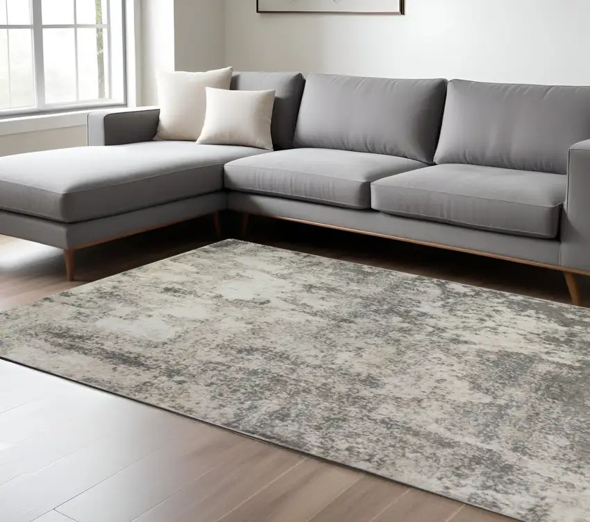 Beige Ivory and Gray Abstract Power Loom Area Rug Photo 1