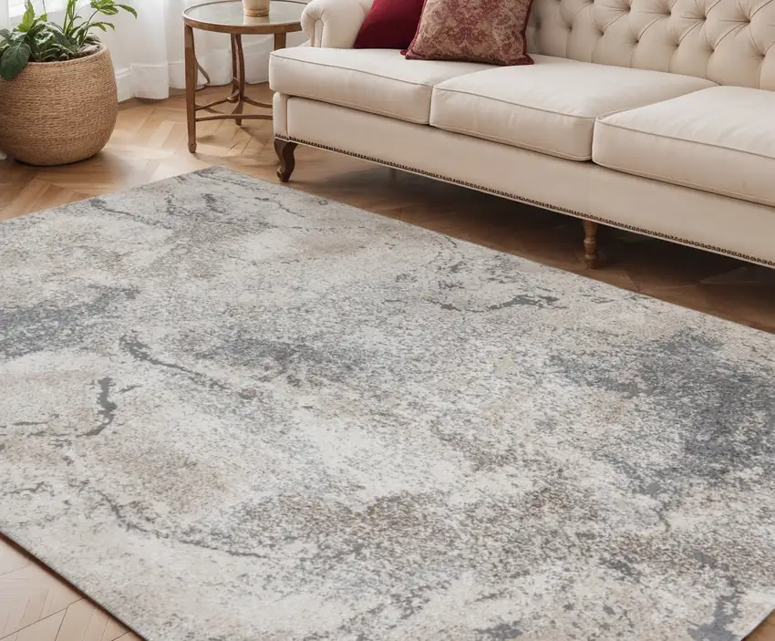 Cream and Gray Abstract Power Loom Area Rug Photo 1
