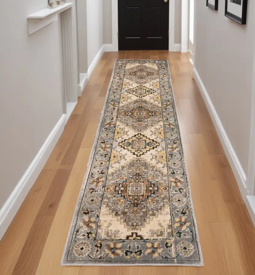 2' X 8' Gray And Beige Aztec Pattern Runner Rug Photo 1