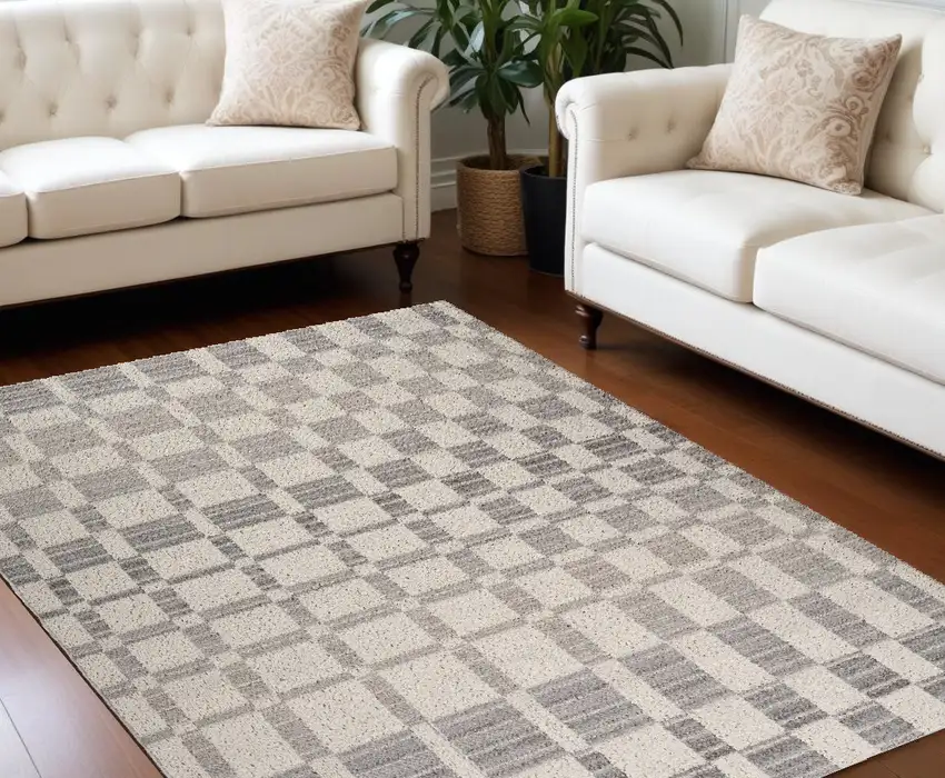 Gray and Beige Checkered Distressed Area Rug Photo 2