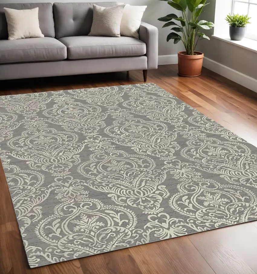 Gray and Beige Damask Area Rug Photo 1