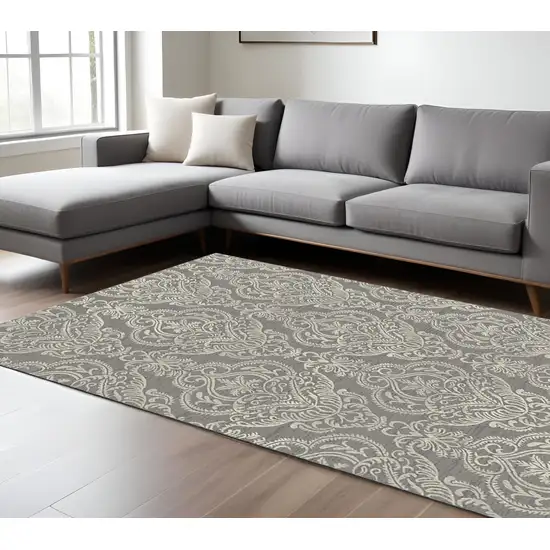 Gray and Beige Damask Area Rug Photo 1