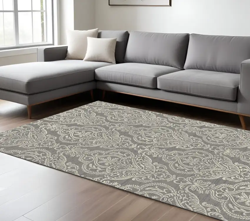 Gray and Beige Damask Area Rug Photo 1