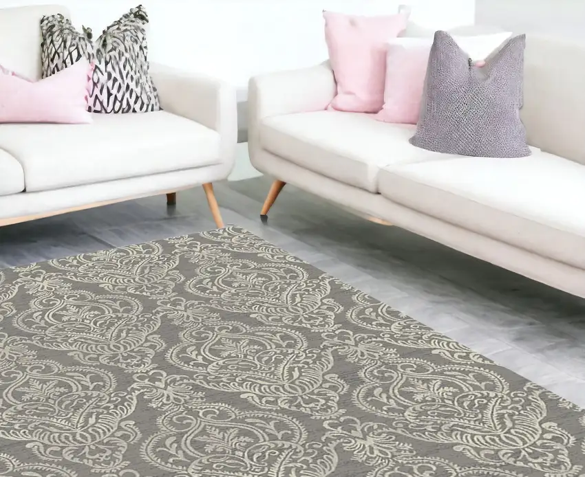 Gray and Beige Damask Area Rug Photo 1