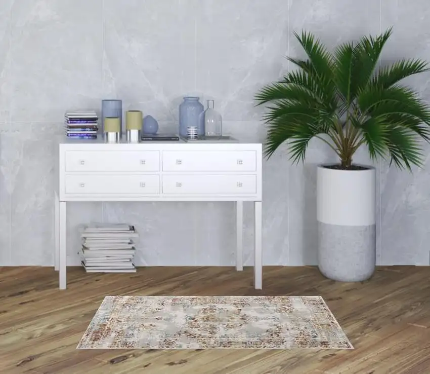 Gray and Beige Distressed Ornate Area Rug Photo 5