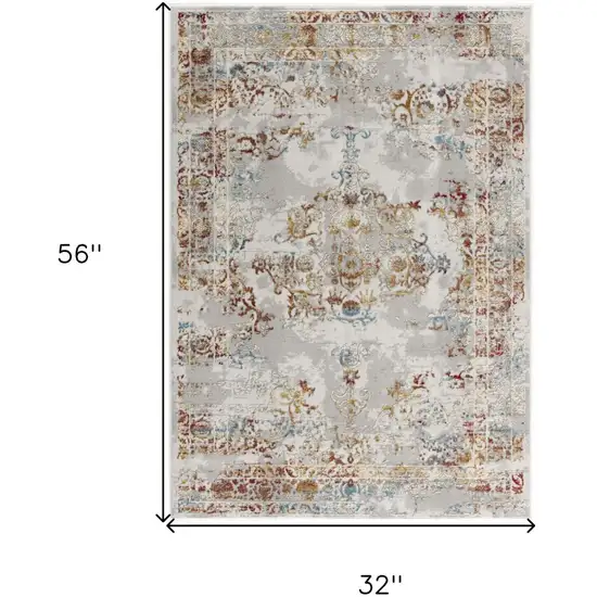 Gray And Beige Distressed Ornate Area Rug Photo 9