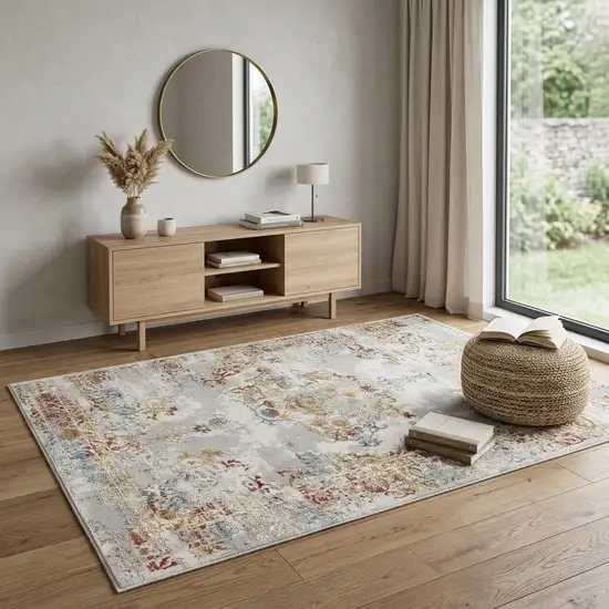 Gray And Beige Distressed Ornate Area Rug Photo 1