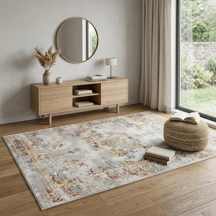 Gray And Beige Distressed Ornate Area Rug Photo 1