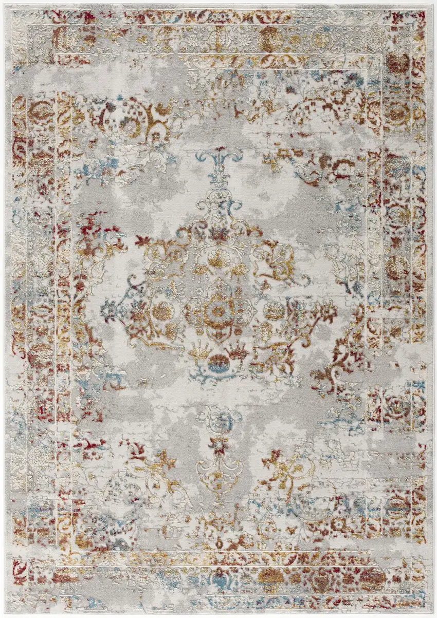 Gray And Beige Distressed Ornate Area Rug Photo 6
