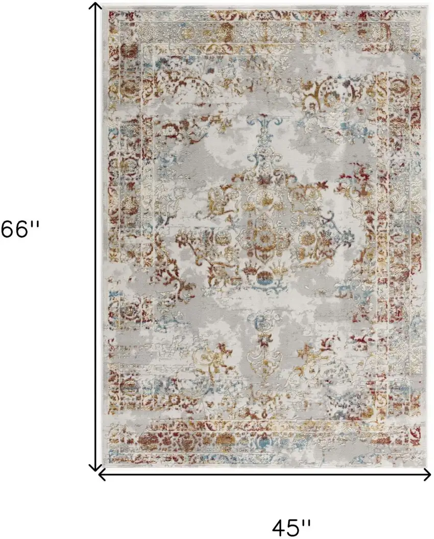 Gray And Beige Distressed Ornate Area Rug Photo 8